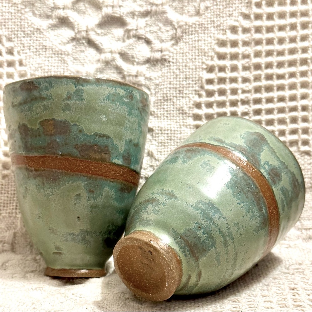 Two Studio Art Pottery Vase,Vessel,Brush Holder or Home Decor Teal & Brown Vtg